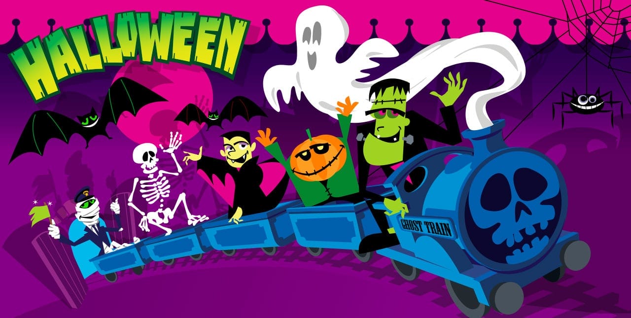 Vector illustration of Halloween characters witch, mummy, vampire, ghost, pumpkin man, skeleton and Frankenstein on a ghost train