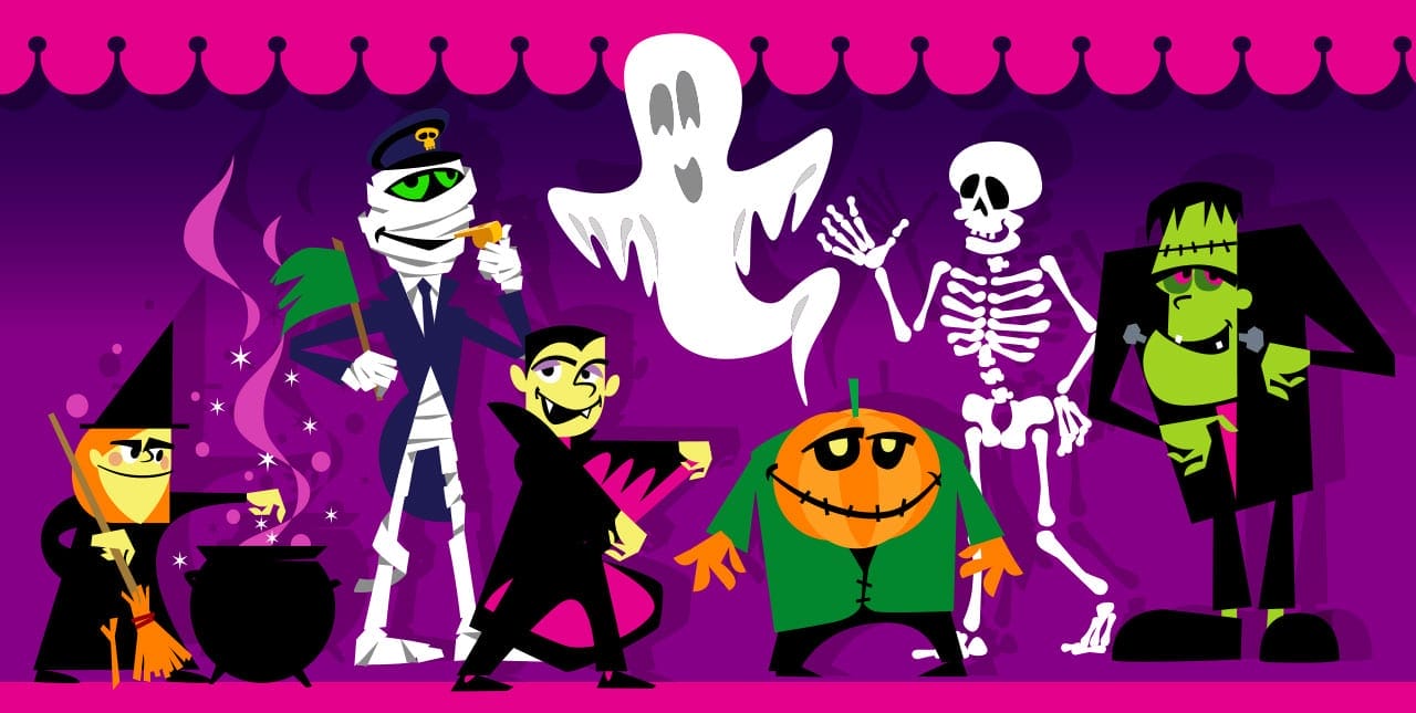 Vector illustration of Halloween characters witch, mummy, vampire, ghost, pumpkin man, skeleton and Frankenstein