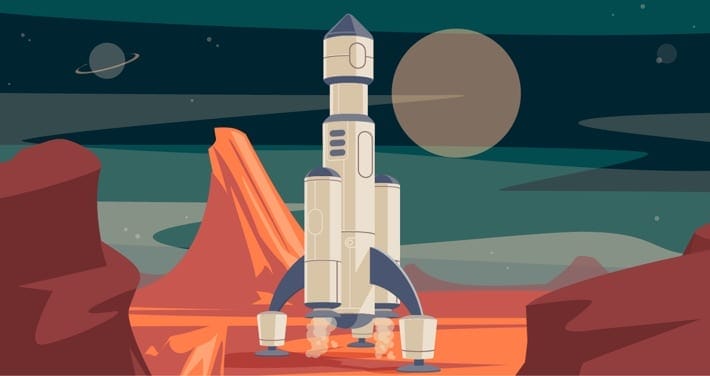 Vector Illustration of rocket on the surface of Mars