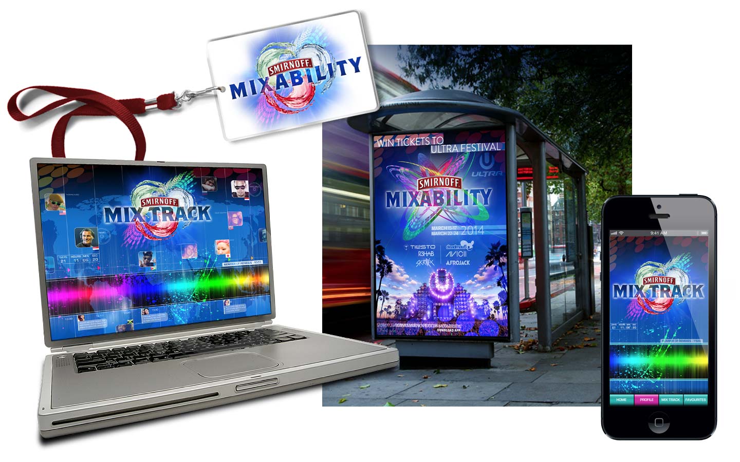 Visual mock-up of laptop, bus stop poster and lanyard for Smirnoff Mixability advertising poster