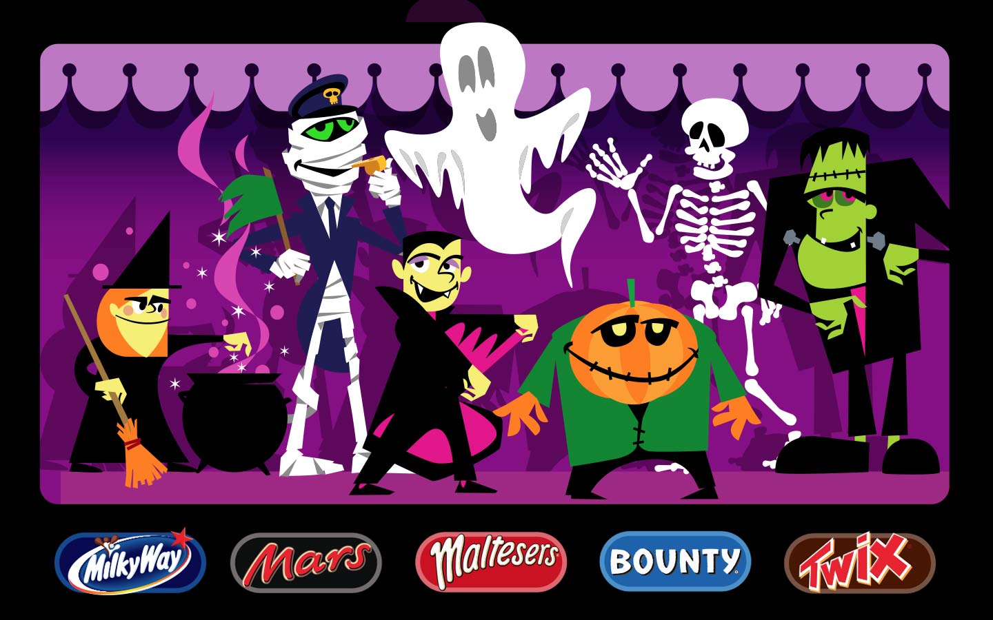 Vector illustration of halloween characters for Mars sweets - ghost, mummy, skeleton, vampire, witch Frankenstein