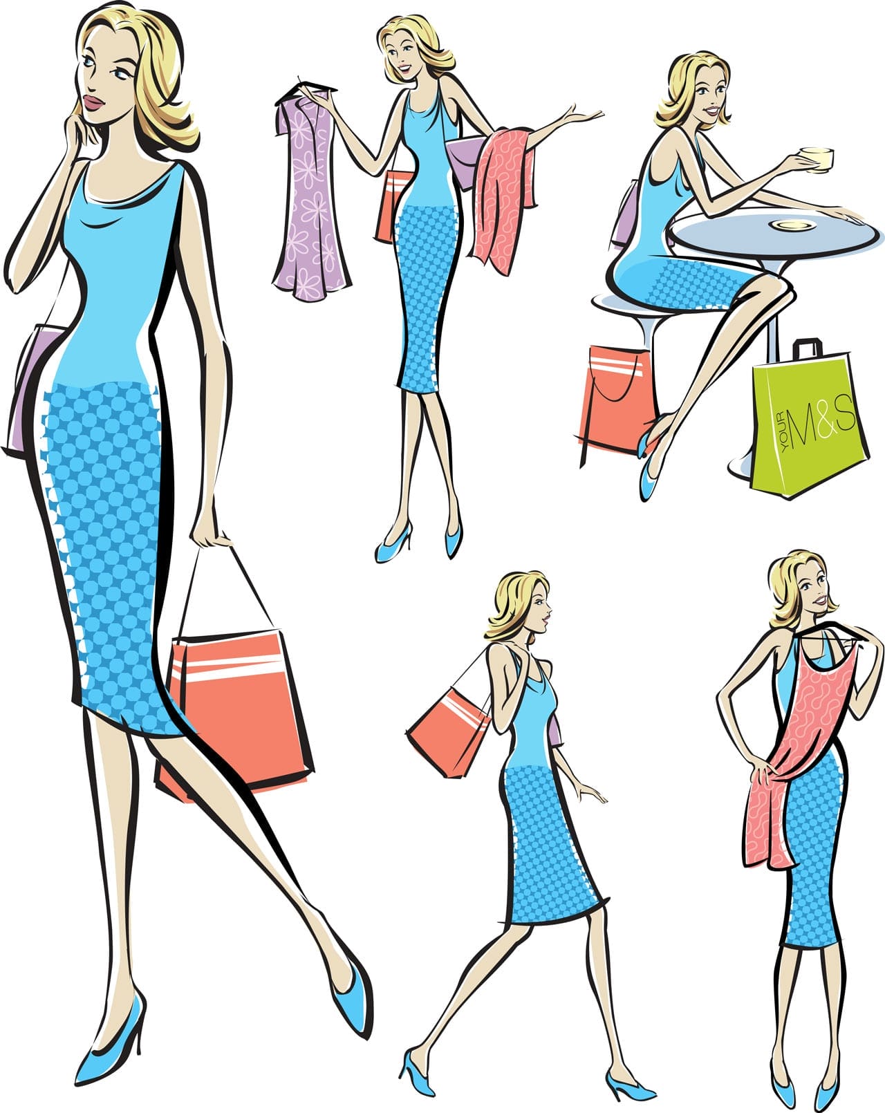 Original stylised illustrations of woman shopper for marks and Spencer