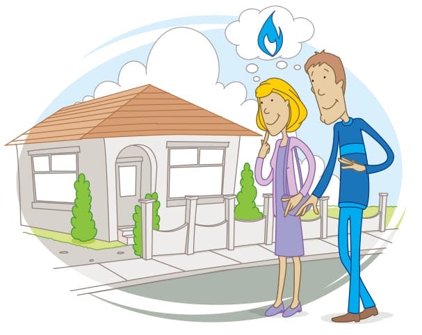 Vector illustration of couple looking at house home for New Zealand Gas