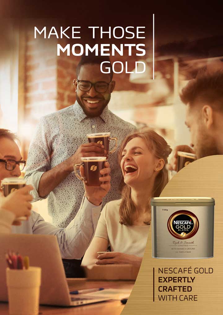 Nescafe Gold Blend marketing poster visual with friends driving coffee