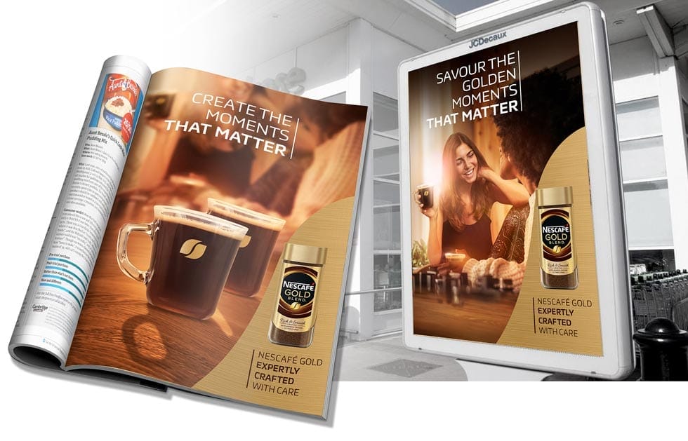 Nescafe Gold Blend marketing OOH poster and magazine press advert visual