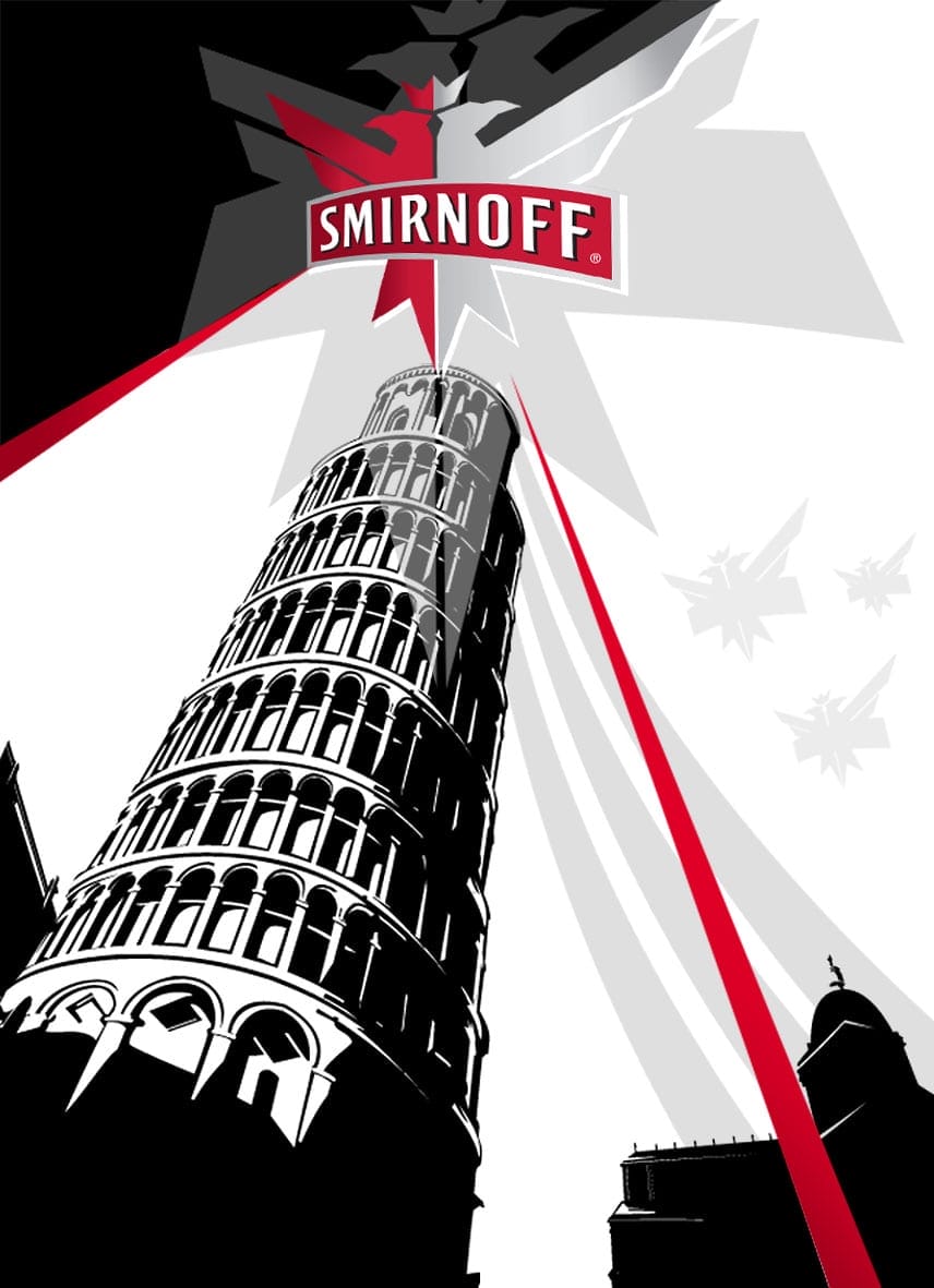 Vector illustration of Tower of Pisa in extreme perspective line drawing for Smirnoff Vodka advertising campaign poster