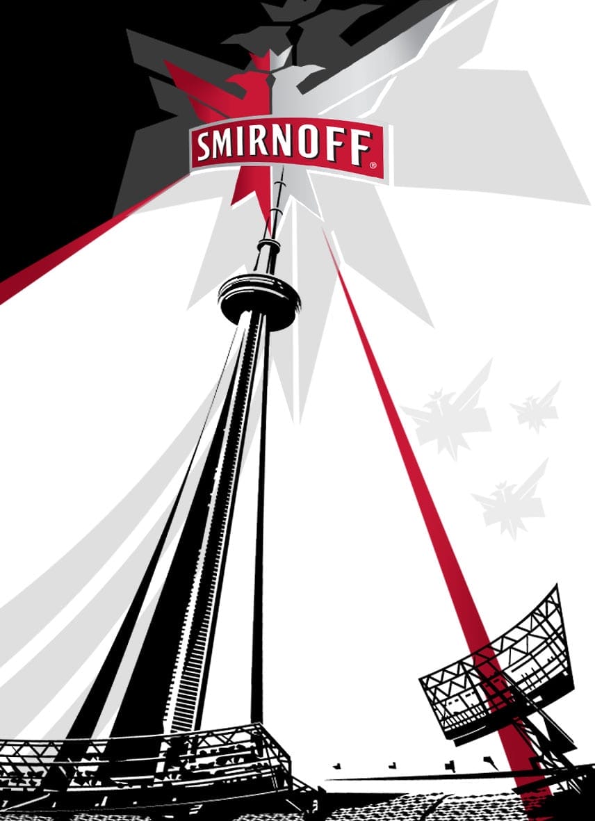 Vector illustration of CN Tower in extreme perspective line drawing for Smirnoff Vodka advertising campaign poster