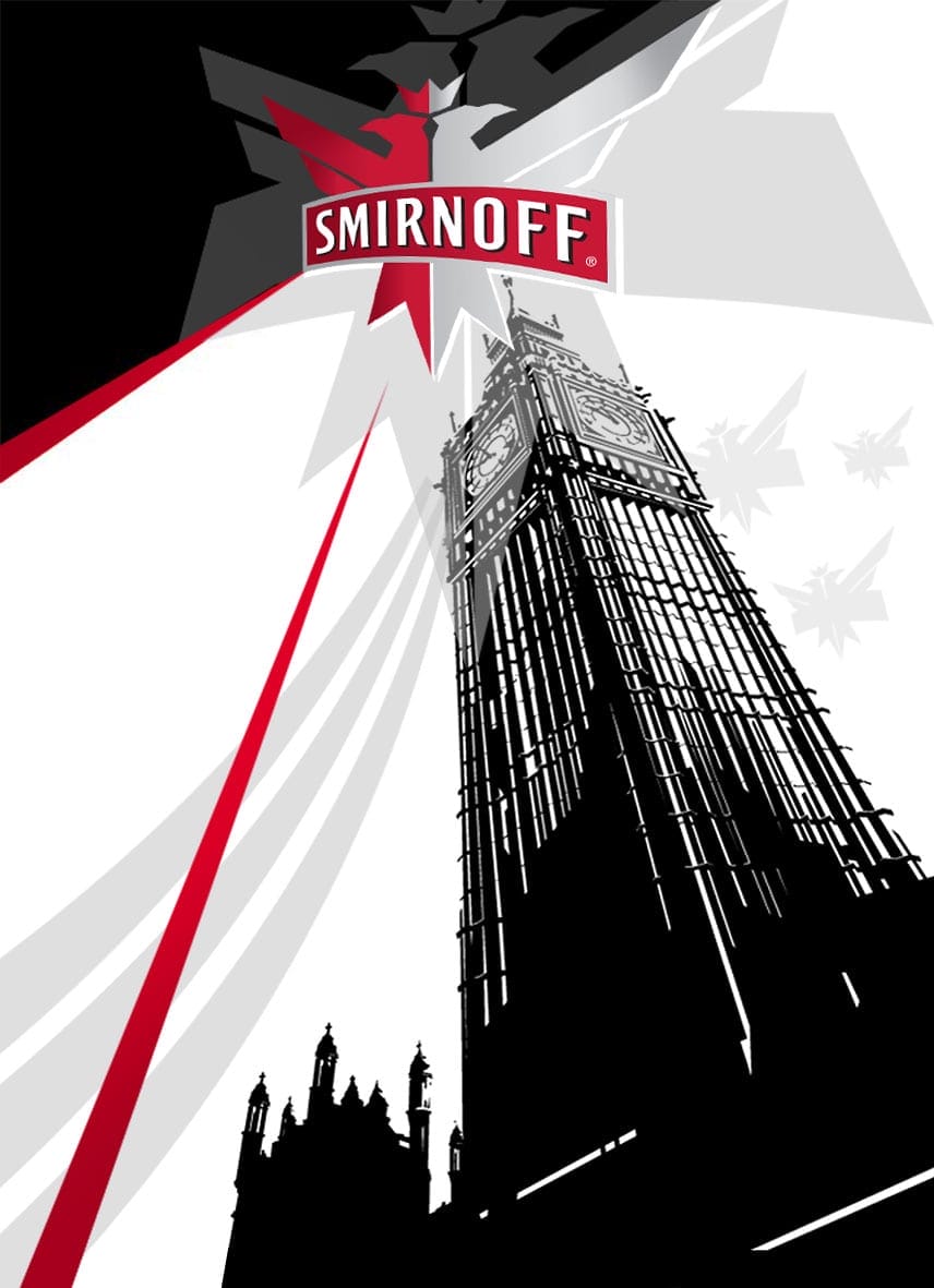 Vector illustration of Big Ben clock tower in extreme perspective line drawing for Smirnoff Vodka advertising campaign poster