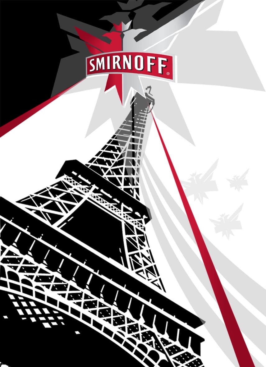 Vector illustration of Tower of Pisa in extreme perspective line drawing for Smirnoff Vodka advertising campaign poster
