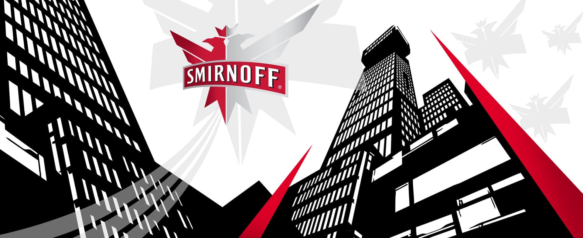 Vector illustration of office Tower in extreme perspective line drawing for Smirnoff Vodka advertising campaign poster