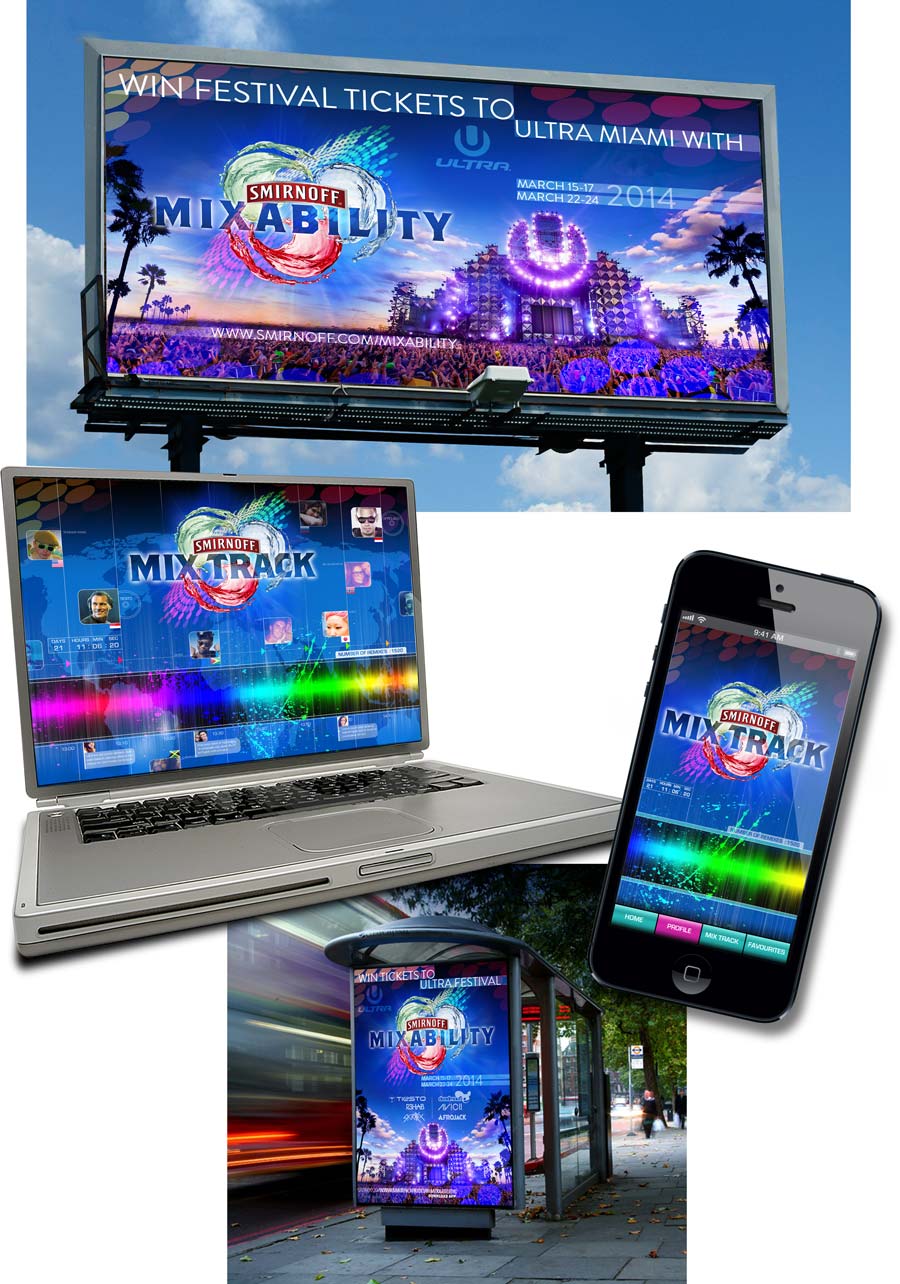 Visuals and mock-up for large hoarding poster, bus stop poster, laptop website and mobile phone app for Smirnoff Mixability promotional campaign