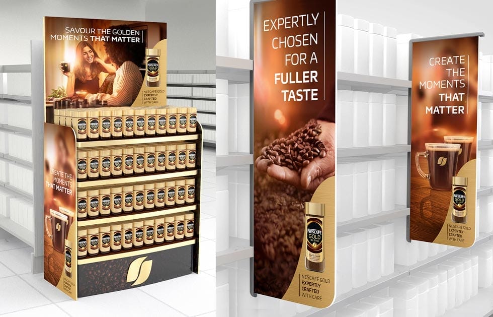 Nescafe Gold Blend marketing campaign supermarket aisle flags and gondola end display unit
