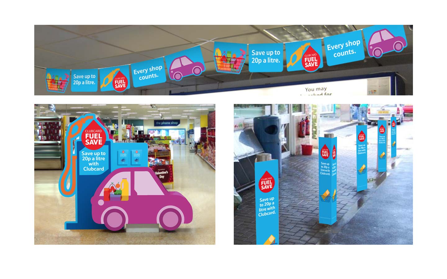 Visuals and mock-up of Tesco supermarket POS point of sale materials campaign