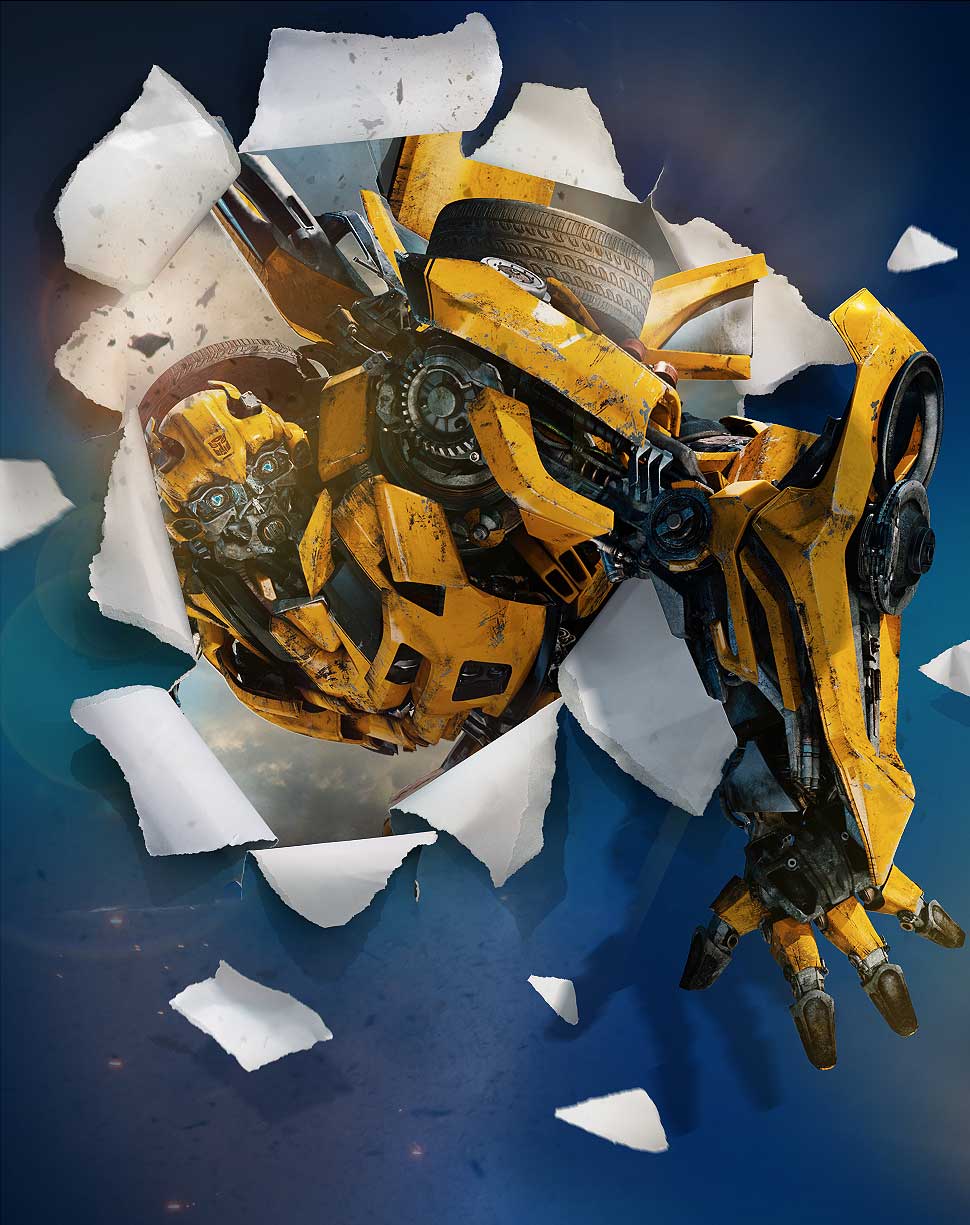 Transformers Bumblebee bursting through wall poster image creation