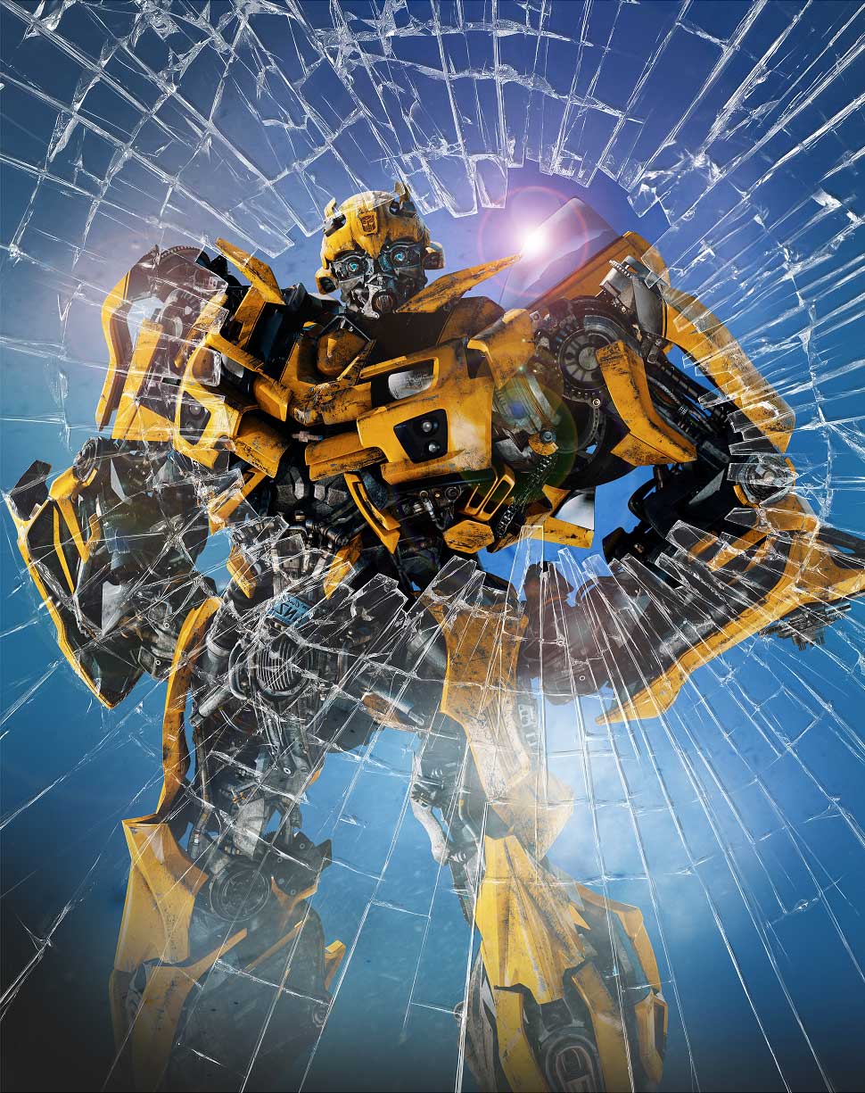 Transformers Bumblebee smashing through glass poster image creation
