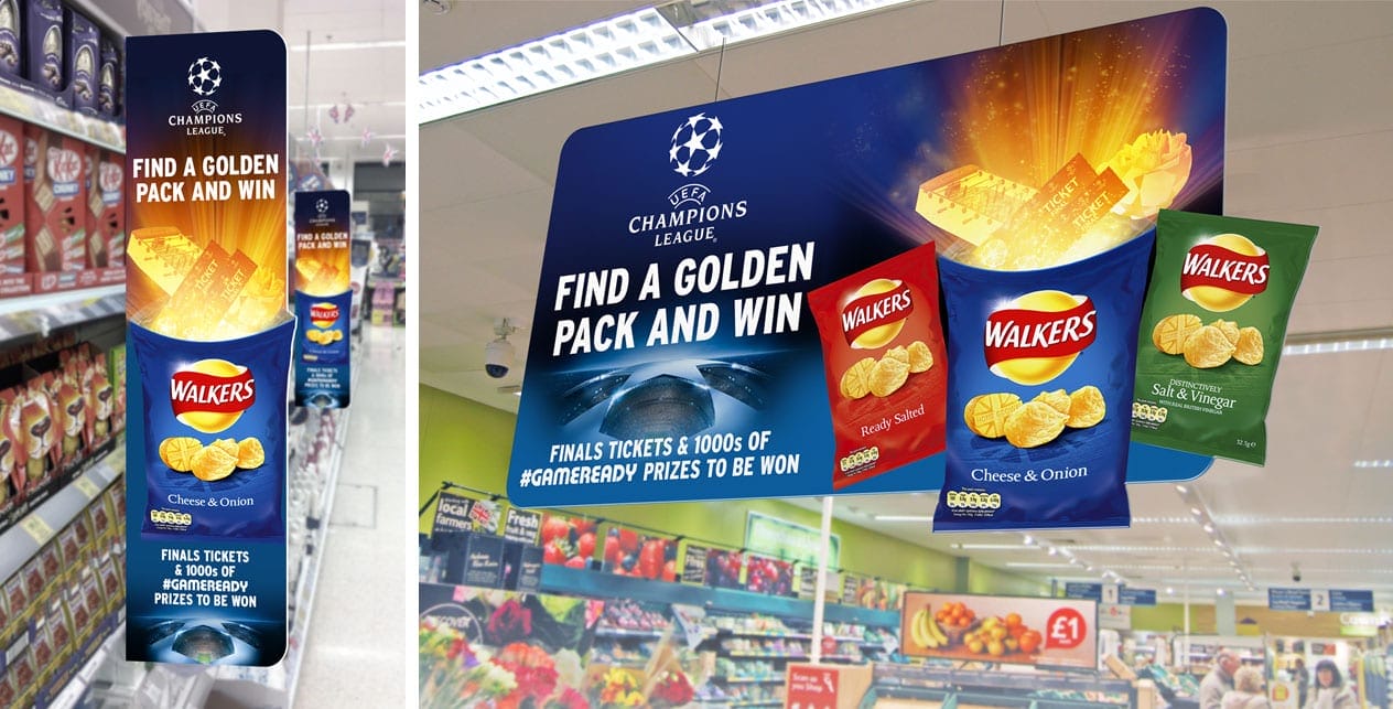 Visuals and mock-up of Walkers crisps POS in supermarket aisle flags and hanging banner