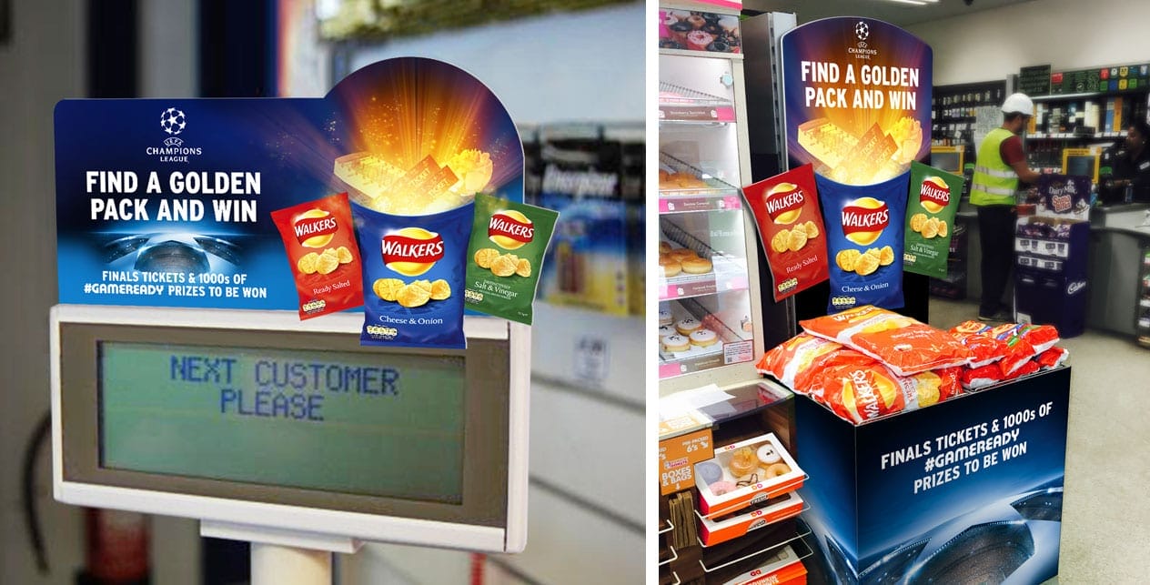 Visuals and mock-up of Walkers crisps POS in supermarket till POS and dump bin