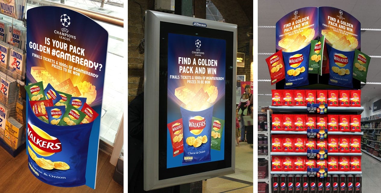 Visuals and mock-up of Walkers crisps POS in supermarket dump bin and aisle end display unit