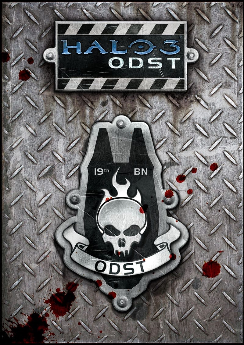 xbox_halo Illustration of chequer plate with blood splatters and ODST logo for Xbox Halo ODST game poster